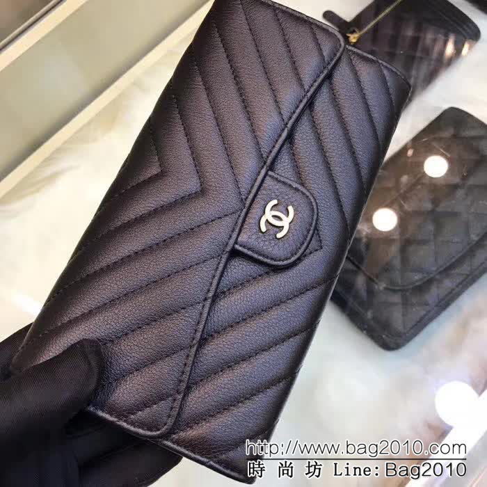 CHANEL香奈兒 古巴CU系列 cf長款錢包 進口鹿紋牛皮v格紋 復古鎏金扣 80758  DJC3175